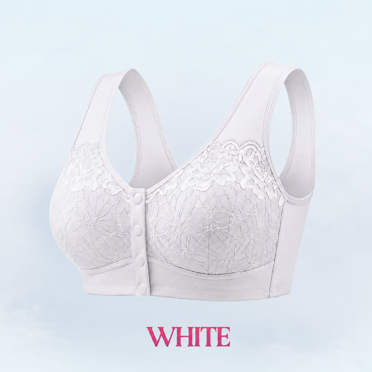 White front-snap bra with floral lace cups and broad straps