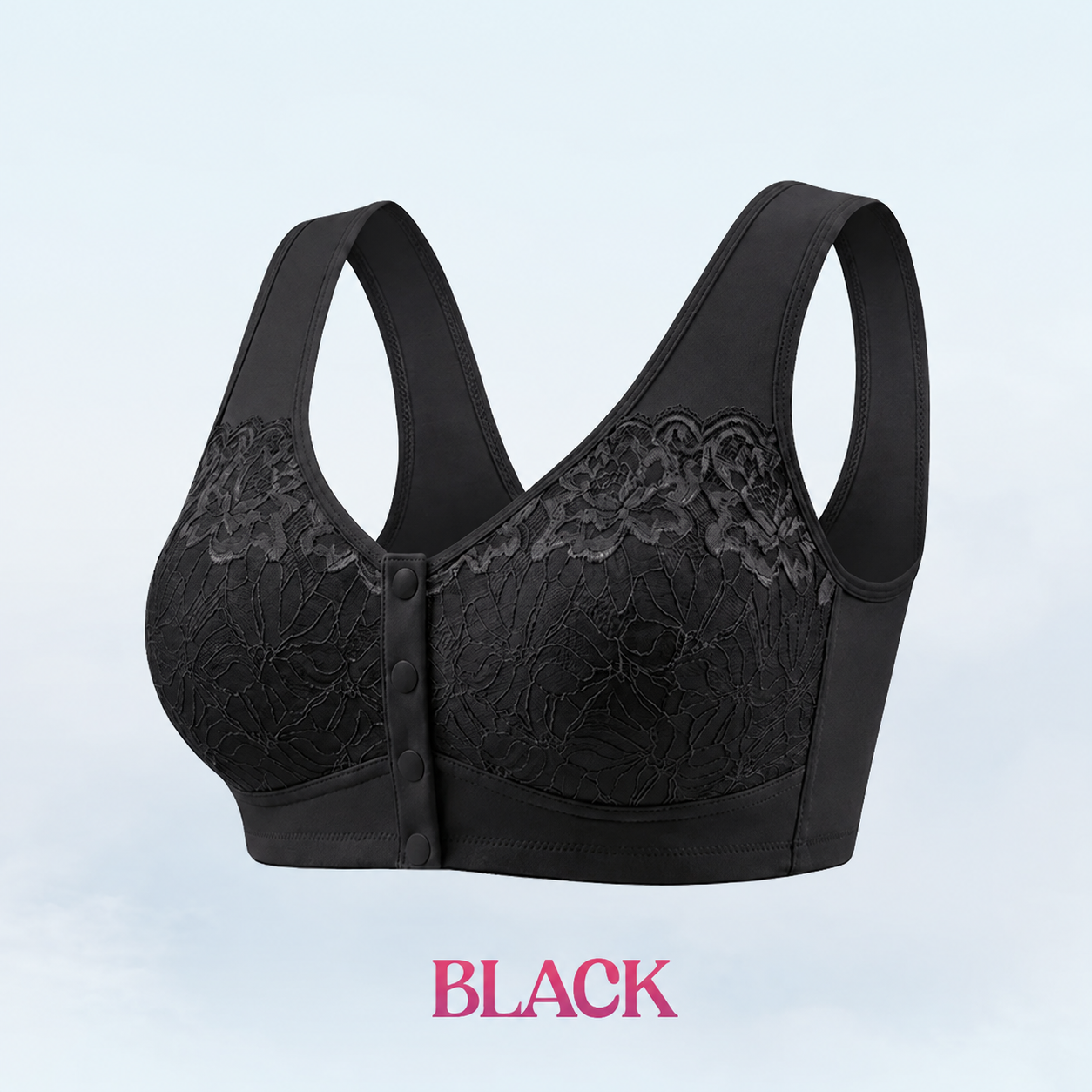 Black front-snap bra with floral lace cups and broad straps