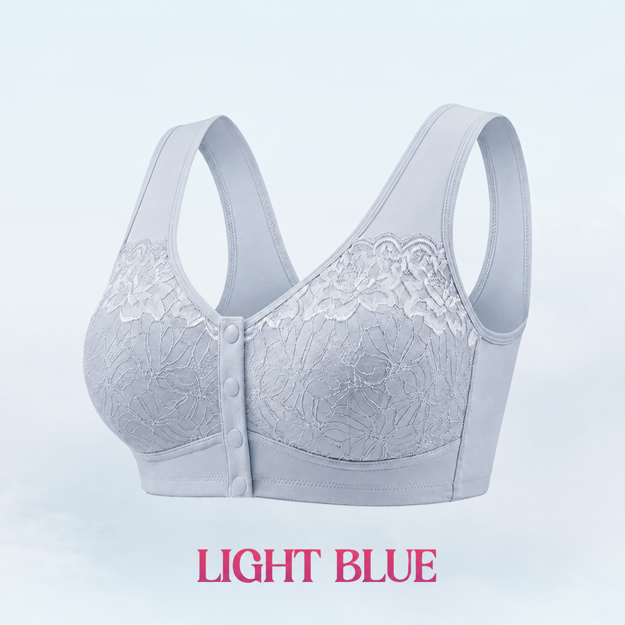 Light Blue front-snap bra with floral lace cups and broad straps