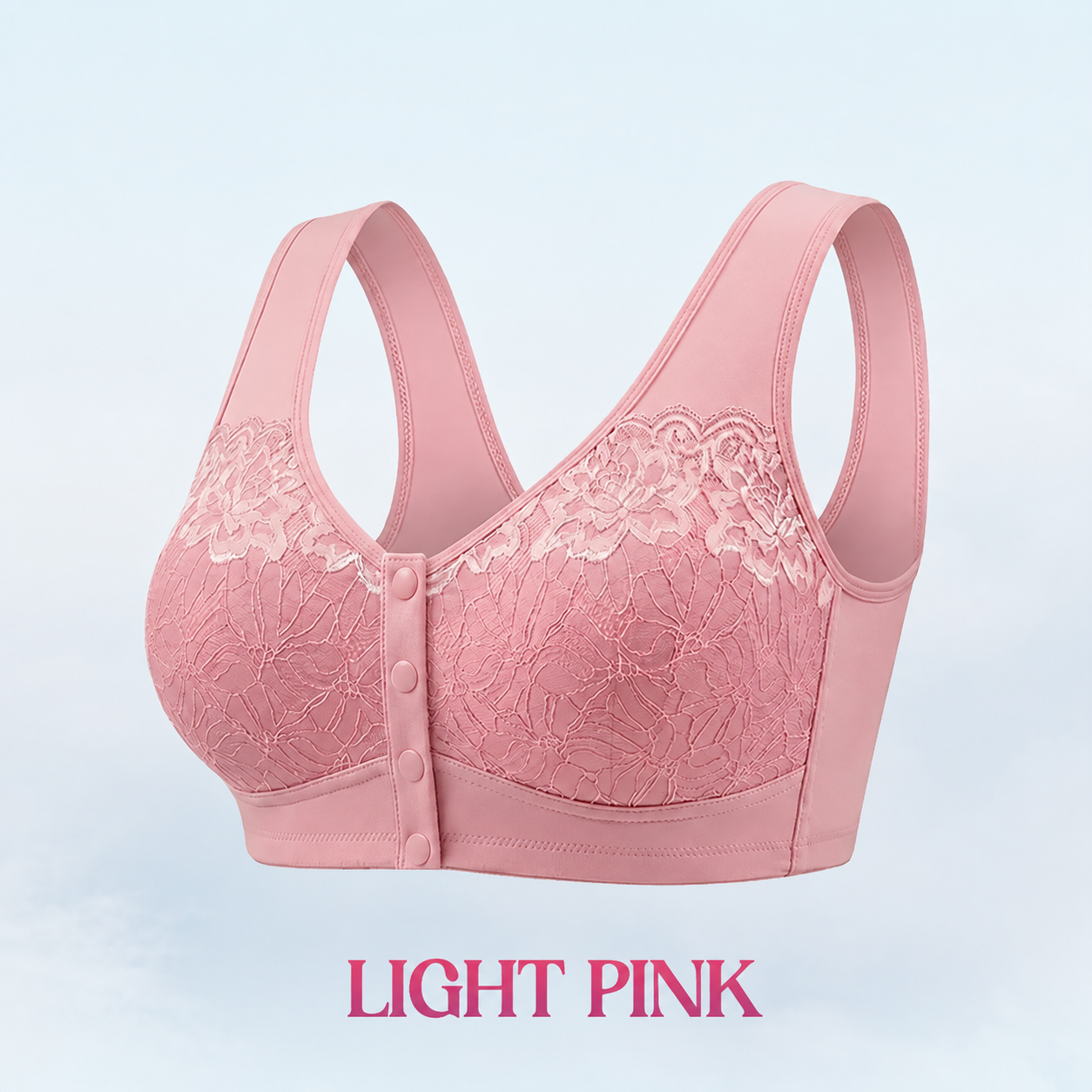 Pink front-snap bra with floral lace cups and broad straps
