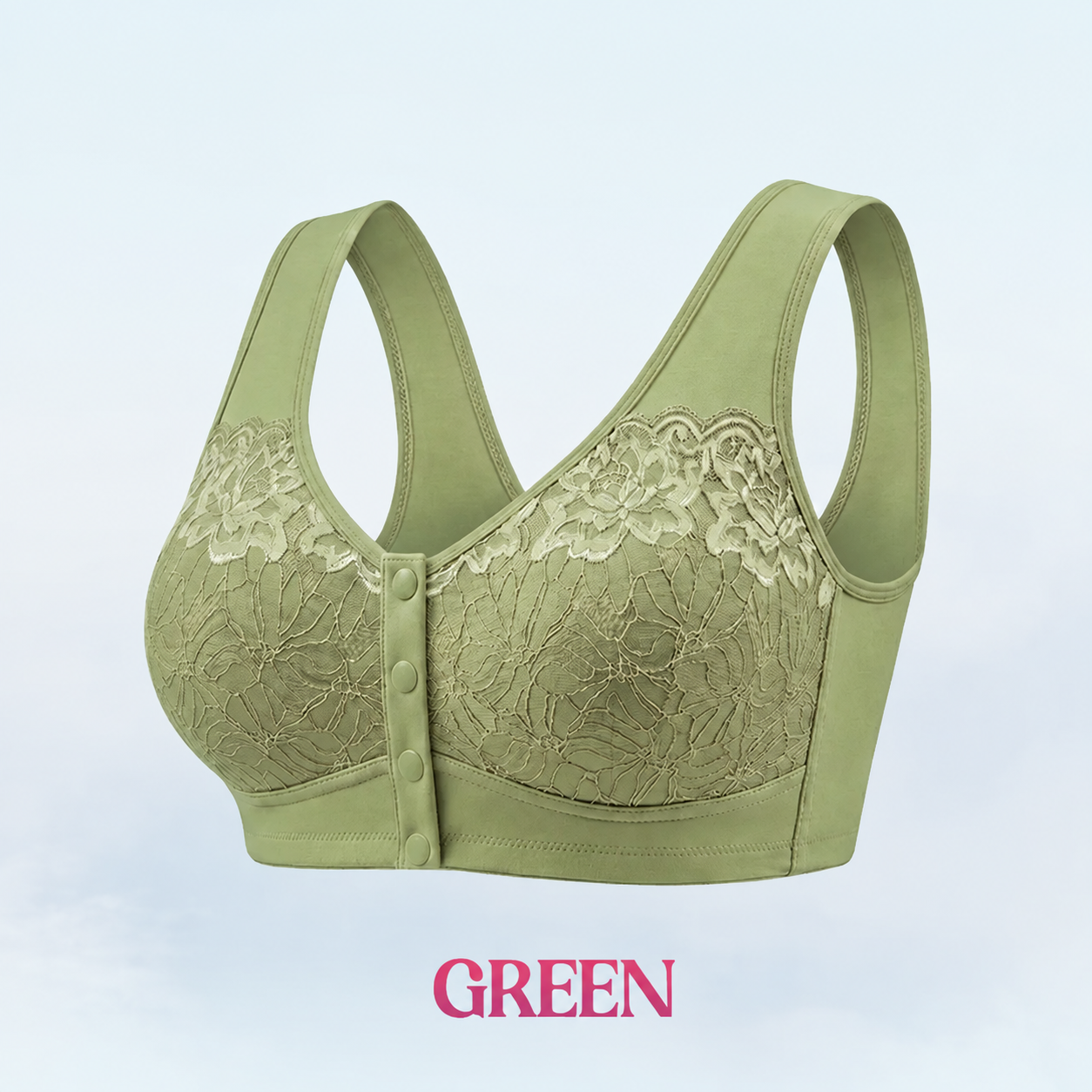 Green front-snap bra with floral lace cups and broad straps