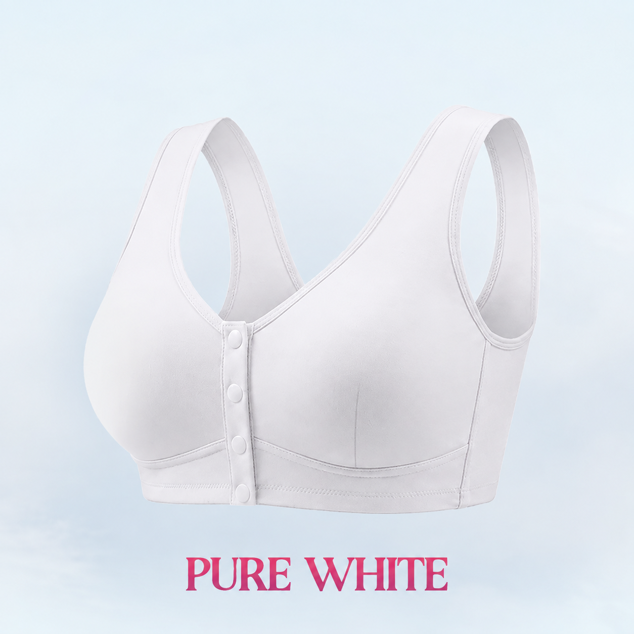 Pure White front-snap bra with plain cups and broad straps