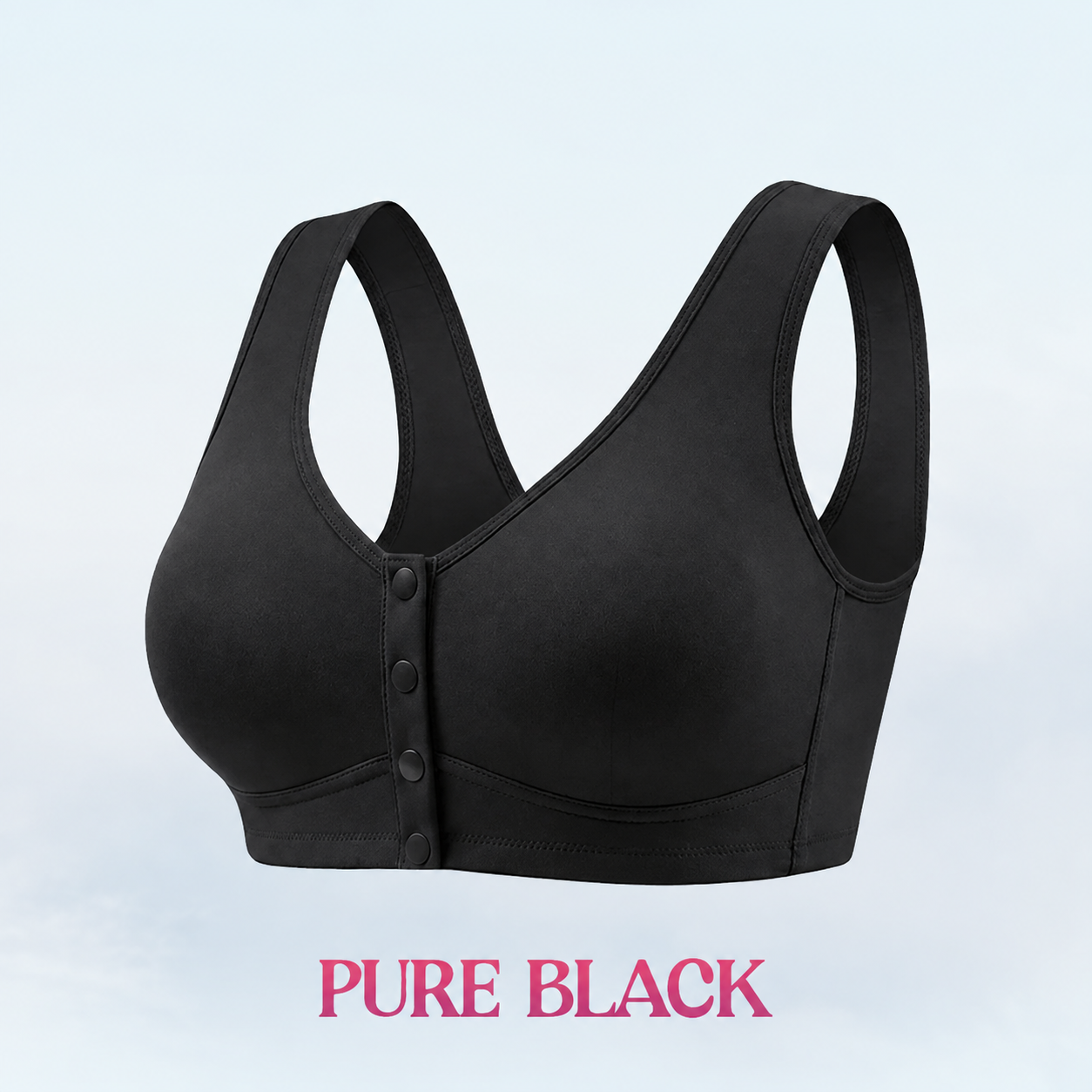 Pure Black front-snap bra with plain cups and broad straps