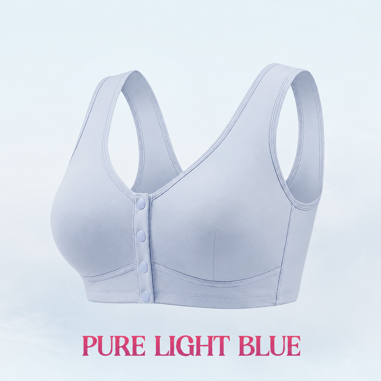 Pure Light Blue front-snap bra with plain cups and broad straps