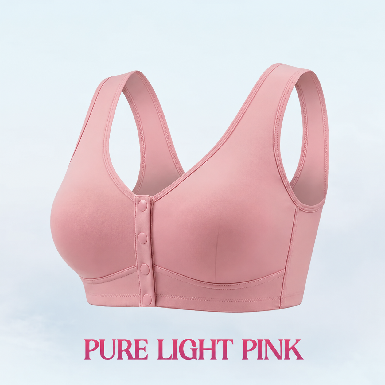 Pure Pink front-snap bra with plain cups and broad straps