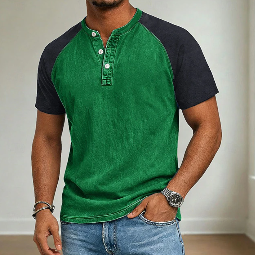 Color Block Raglan Sleeve Washed Denim Henley Tee For Men