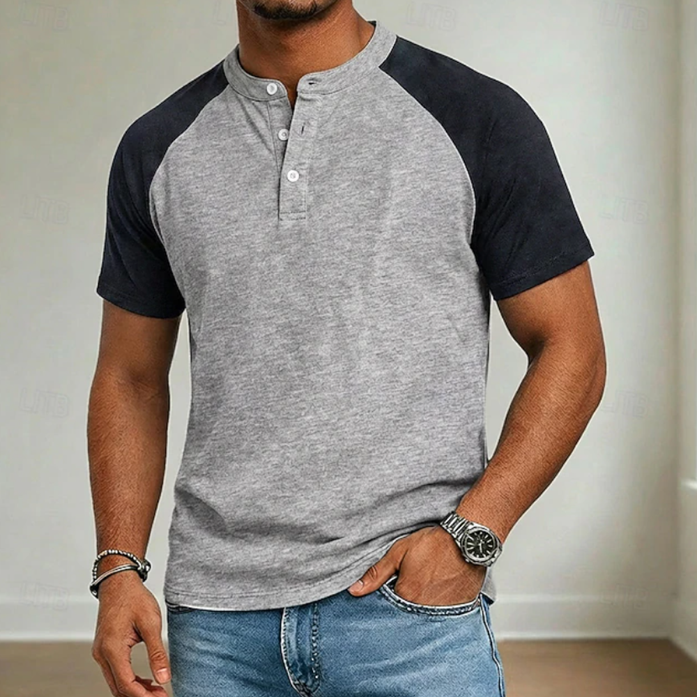 Color Block Raglan Sleeve Washed Denim Henley Tee For Men