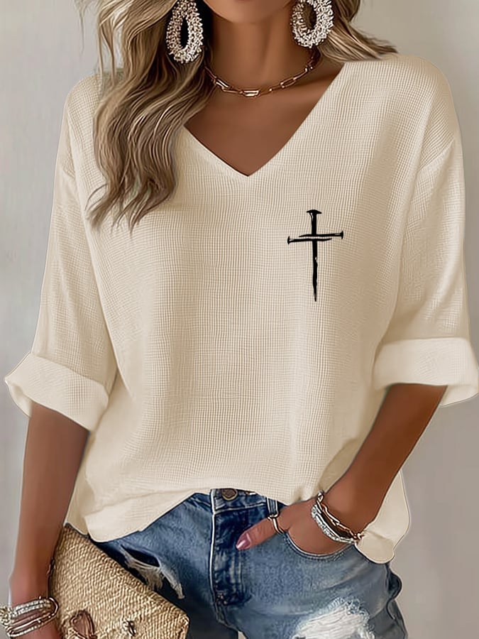Women's Retro Faith Cross Design Printed Waffle Long Sleeve T-Shirt - product image 6