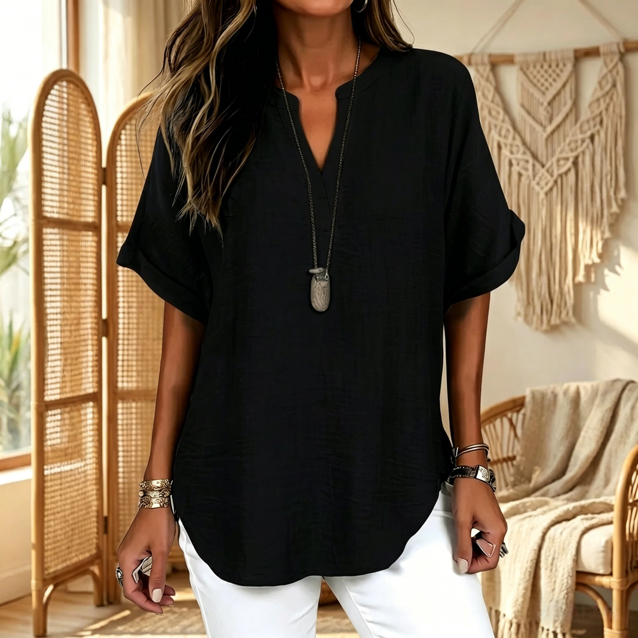 Women's Plain Short Sleeve Blouse, Casual Solid Color Top for Daily Wear, Ladies Clothes for All Seasons - product im...