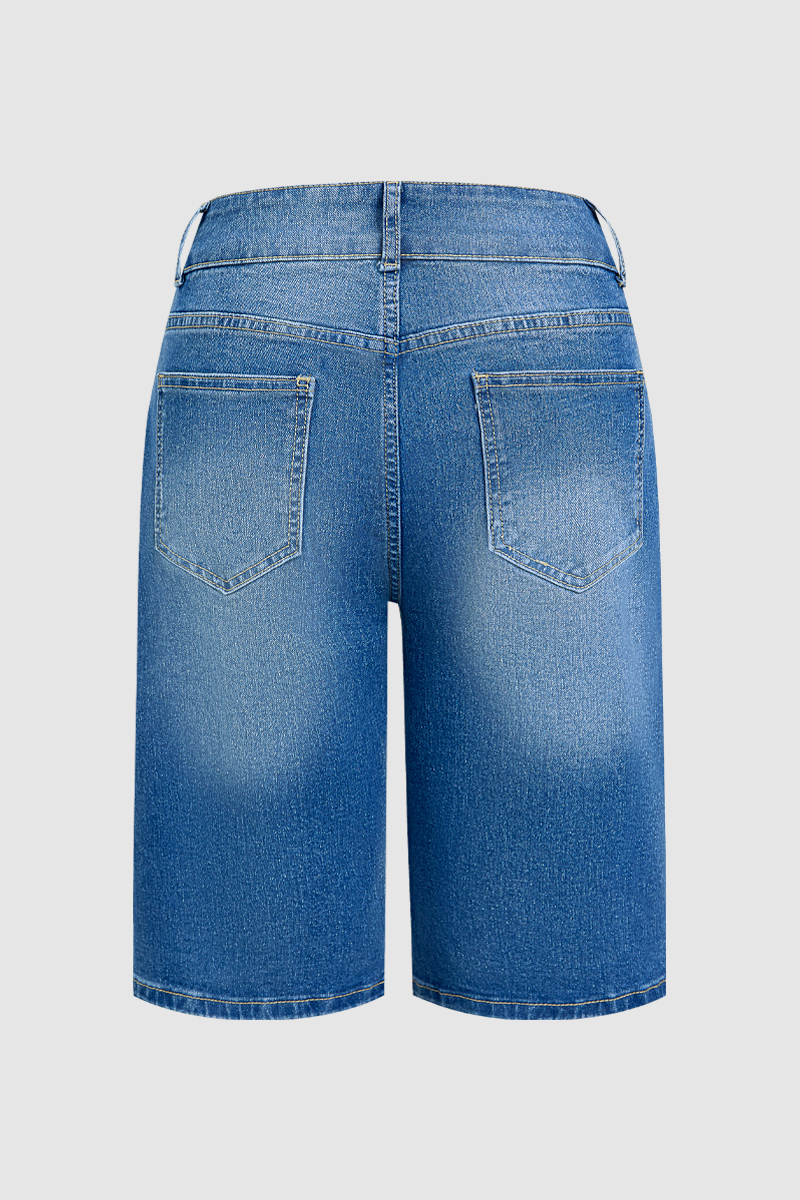 Wash Stitch Detail High Waist Denim Bermuda Shorts
