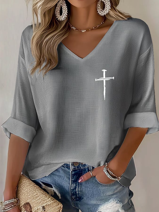 Women's Retro Faith Cross Design Printed Waffle Long Sleeve T-Shirt - product image 3