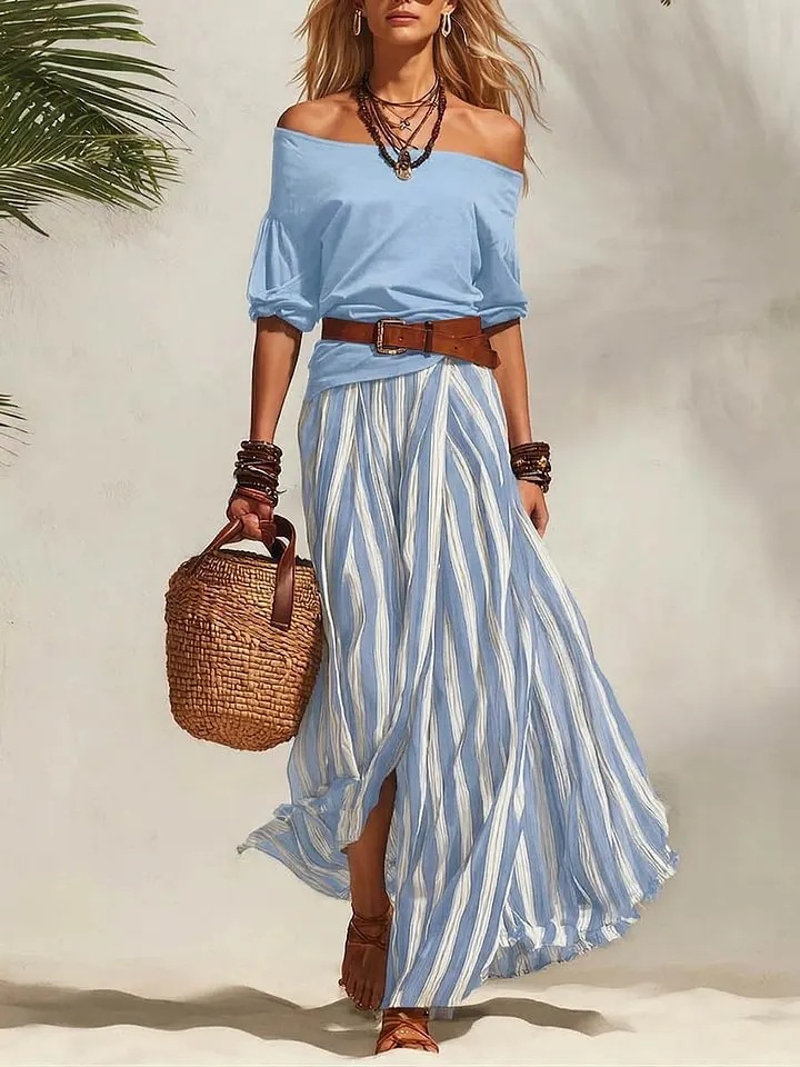 Effortless Striped Maxi Skirt Set with Belt – Relaxed Elegant Off-shoulder Two-Piece Outfit