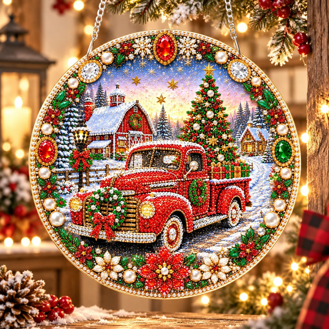 (Christmas car)DIY Pearl Diamond Painting Special Shaped Acrylic Ornament Kit Pearl Art Hanging Decoration for Home & Gifts