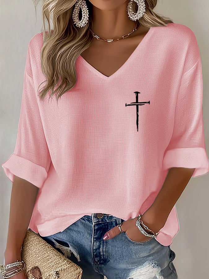 Women's Retro Faith Cross Design Printed Waffle Long Sleeve T-Shirt - product image 5