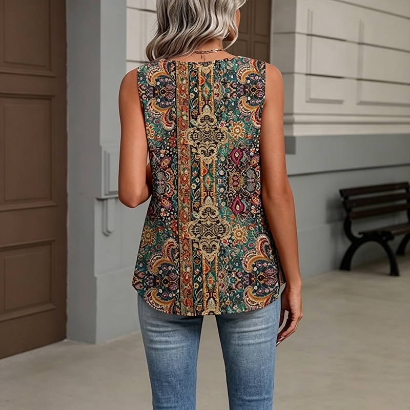 Women V Neck Printed Pleated Tank Top - product image 2