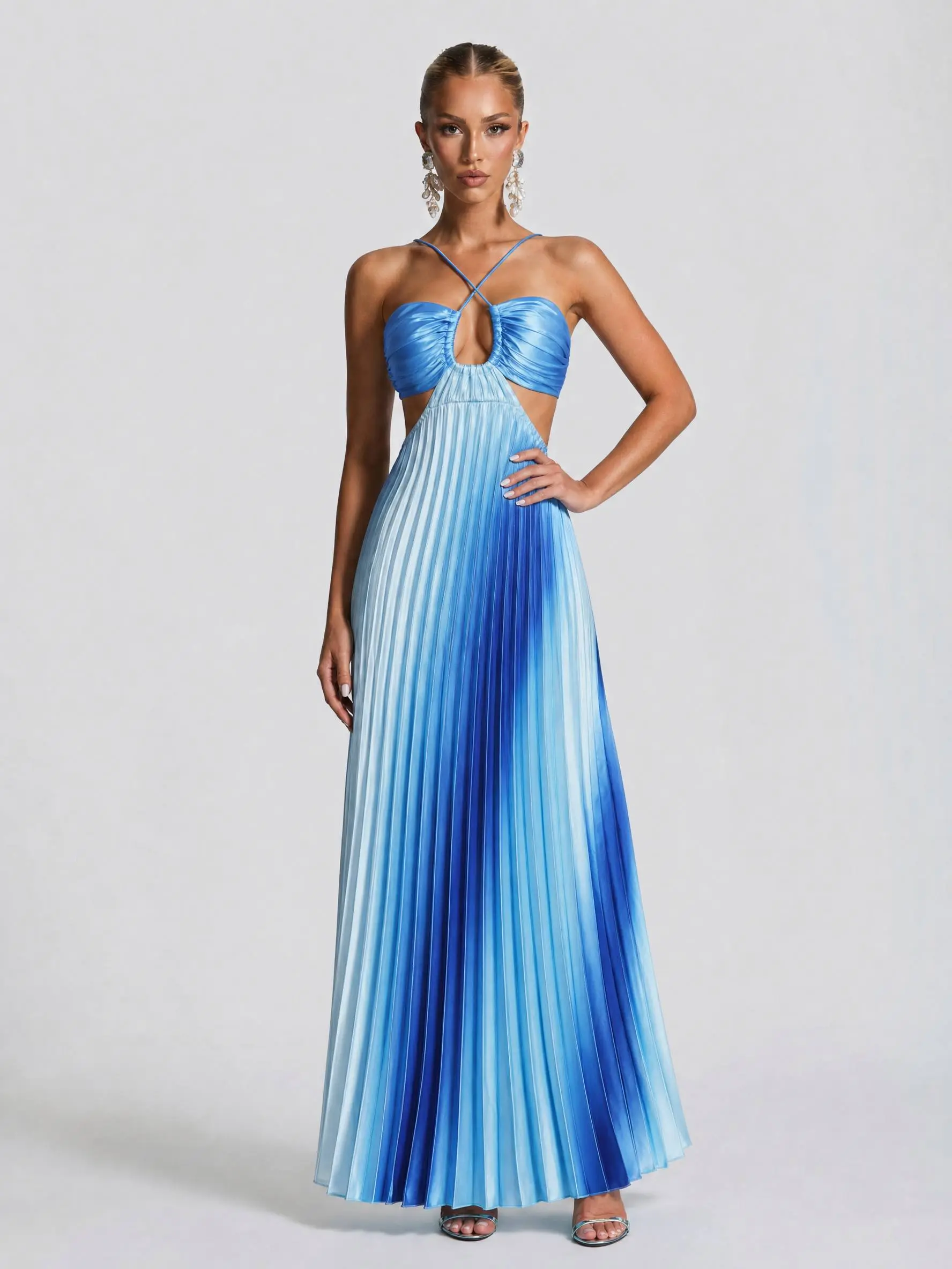 Women's 2026 Halter Cutout Ombre Pleated Maxi Dress - Satin Party - product image 9