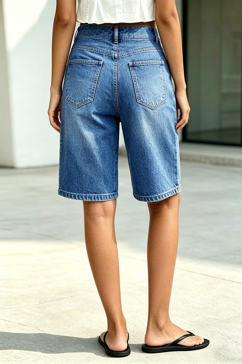 Wash Stitch Detail High Waist Denim Bermuda Shorts