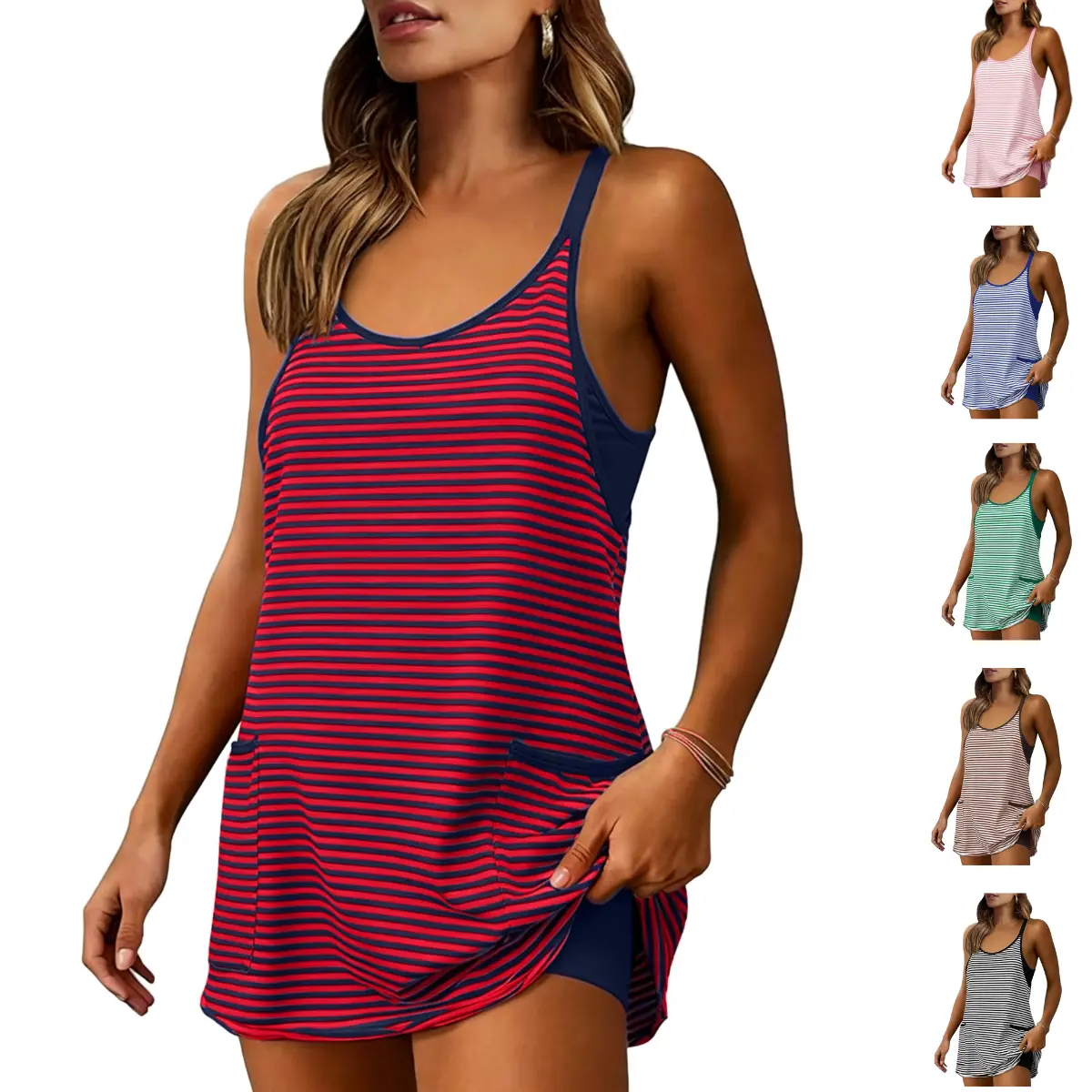 Women's Summer Sleeveless 4th Of July Striped Mini Dress with - front view