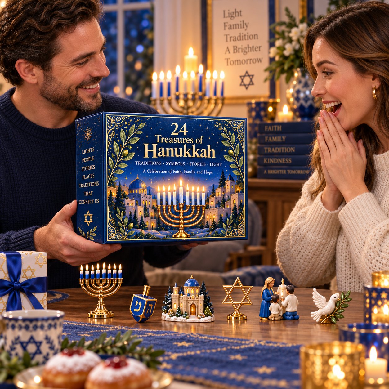 Illustrative gifting scene for the 24 Treasures of Hanukkah collection
