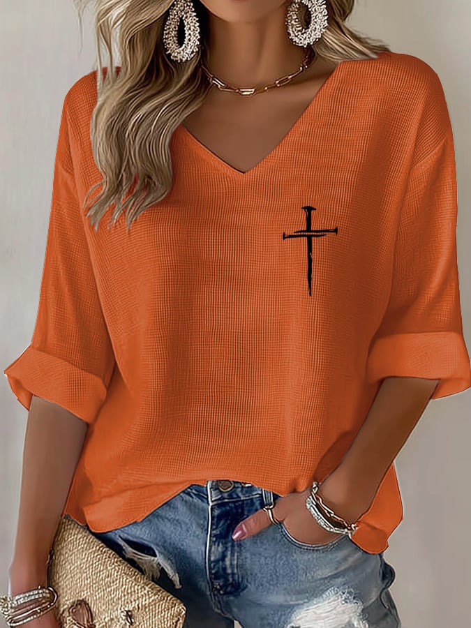 Women's Retro Faith Cross Design Printed Waffle Long Sleeve T-Shirt - product image 7