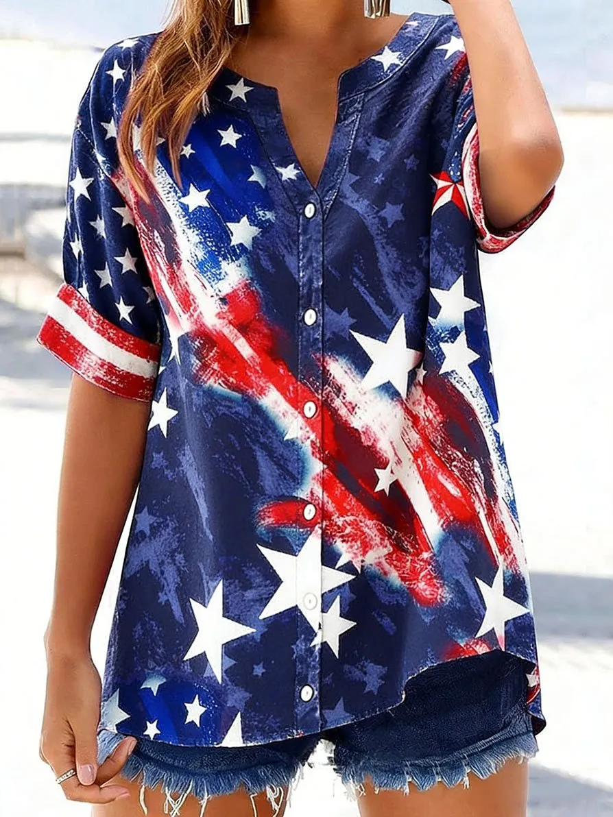 Women's Retro Art-Style American Flag V-Neck Top - product image 3