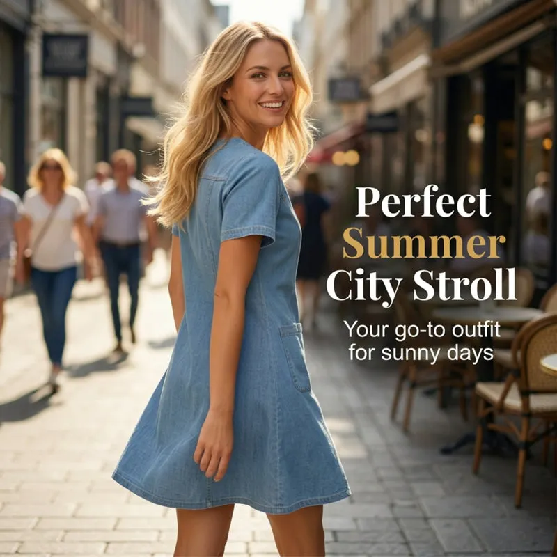 Women's denim dress lifestyle and fit image 6
