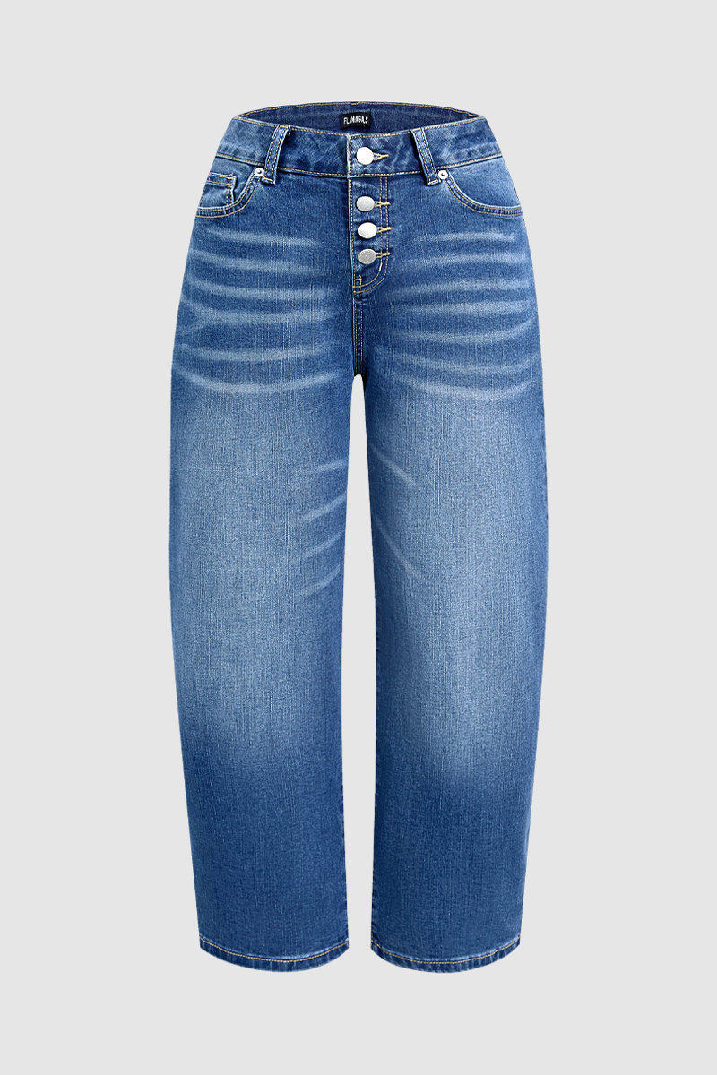Wash Button Fly Mid Waist Barrel Leg Crop Jeans Without Belt - product image 4