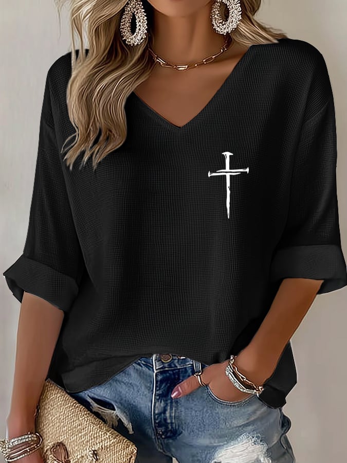 Women's Retro Faith Cross Design Printed Waffle Long Sleeve T-Shirt - product image 2