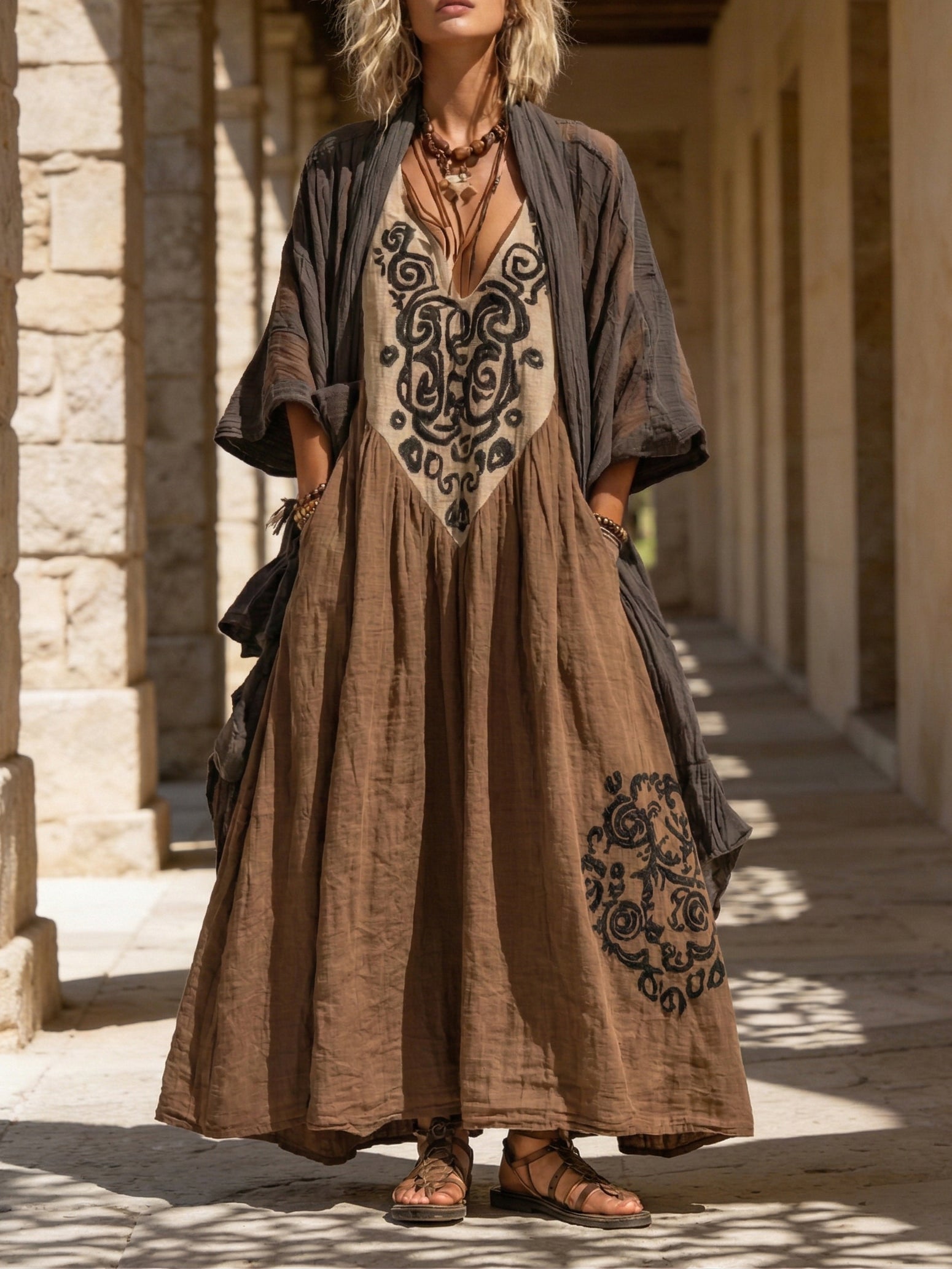 Boho Retro Loose Linen Cotton Two-piece Set - front view