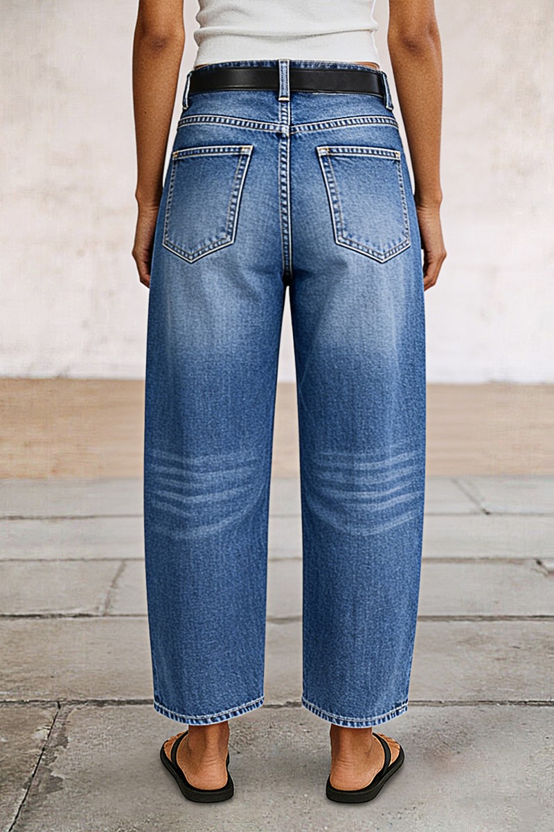 Wash Button Fly Mid Waist Barrel Leg Crop Jeans Without Belt - product image 3