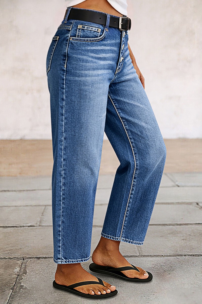 Wash Button Fly Mid Waist Barrel Leg Crop Jeans Without Belt - product image 2