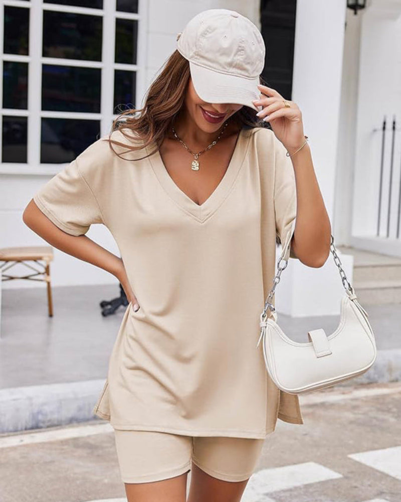 Casual 2-Piece Loungewear Set Oversized Split Hem Top & Fitted Shorts