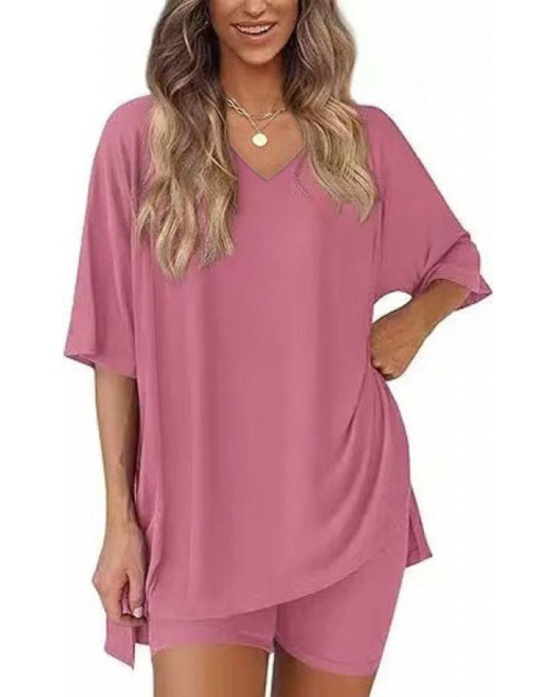 Casual 2-Piece Loungewear Set Oversized Split Hem Top & Fitted Shorts