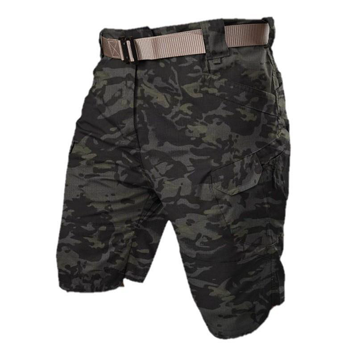 Dark camouflage cargo shorts with utility pockets