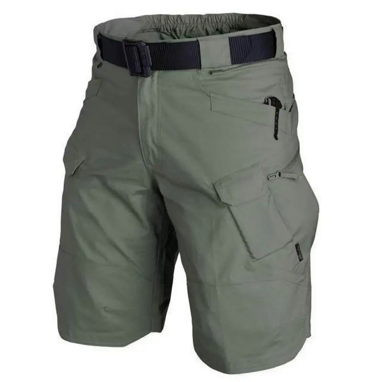 Green adjustable cargo shorts with utility pockets