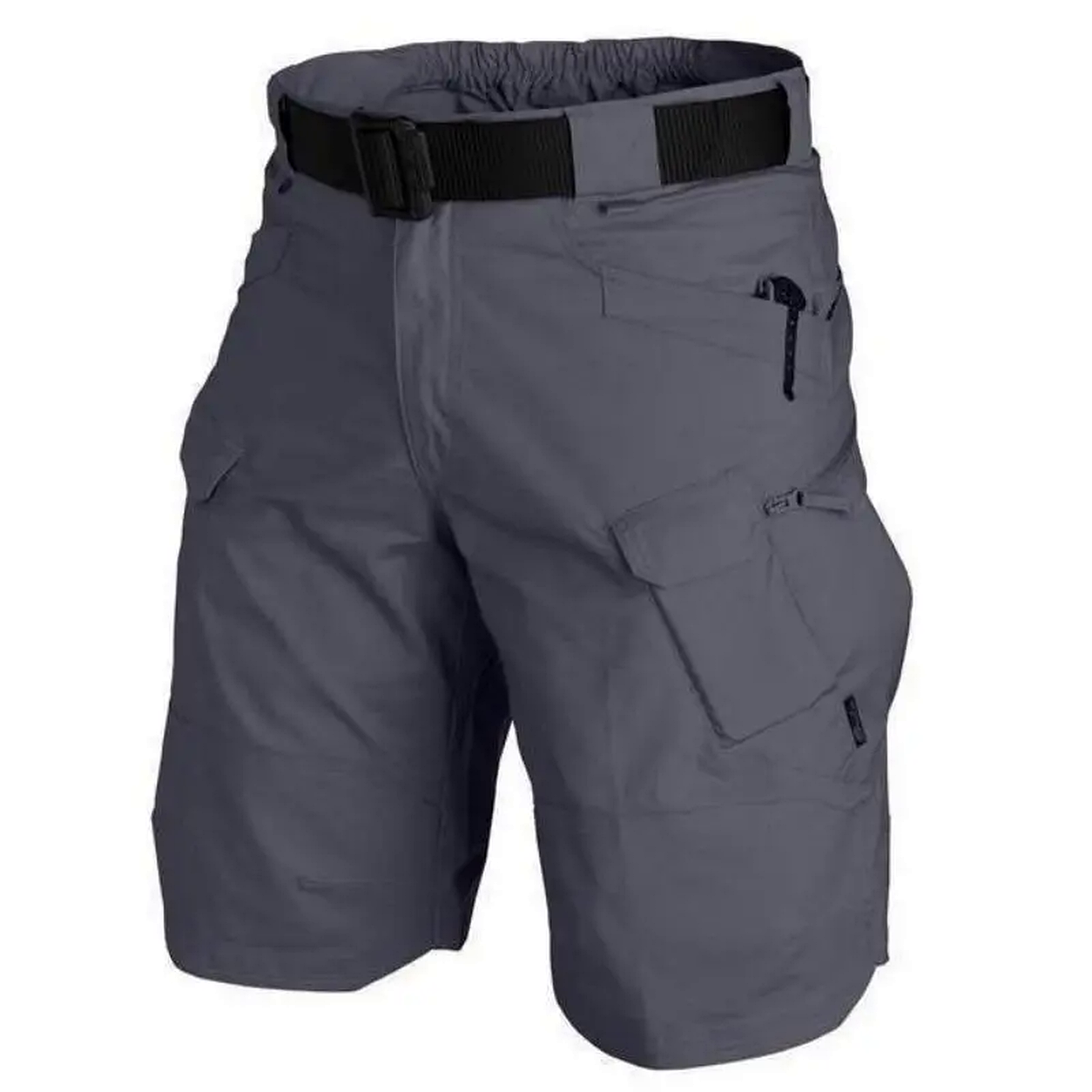 Grey adjustable cargo shorts with utility pockets