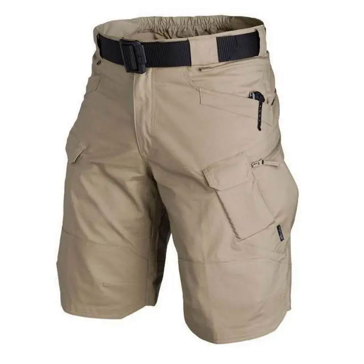 Khaki adjustable cargo shorts with utility pockets
