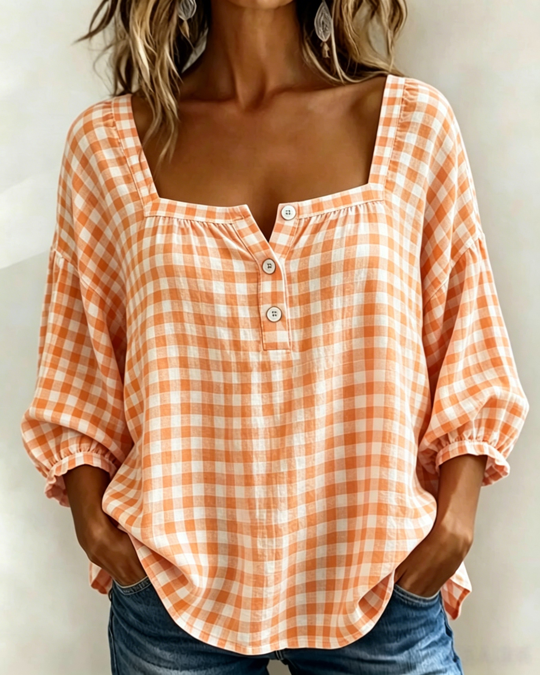 49 OFFWomen s Cotton Linen Gingham Square-Neck Short-Sleeve Top - product image 7