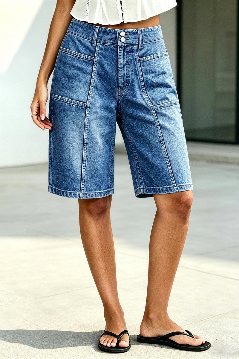 Wash Stitch Detail High Waist Denim Bermuda Shorts