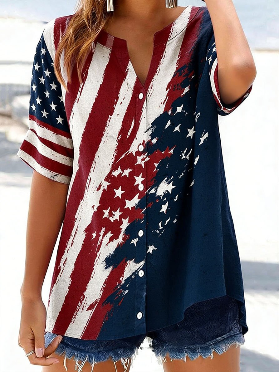 Women's Retro Art-Style American Flag V-Neck Top - front view