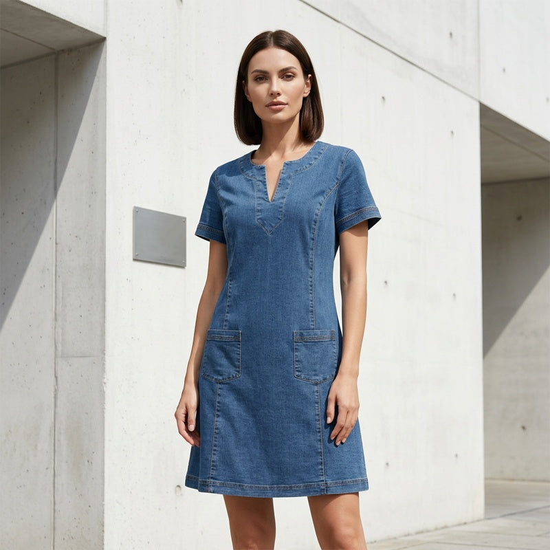 Women's short sleeve V-neck denim dress main image