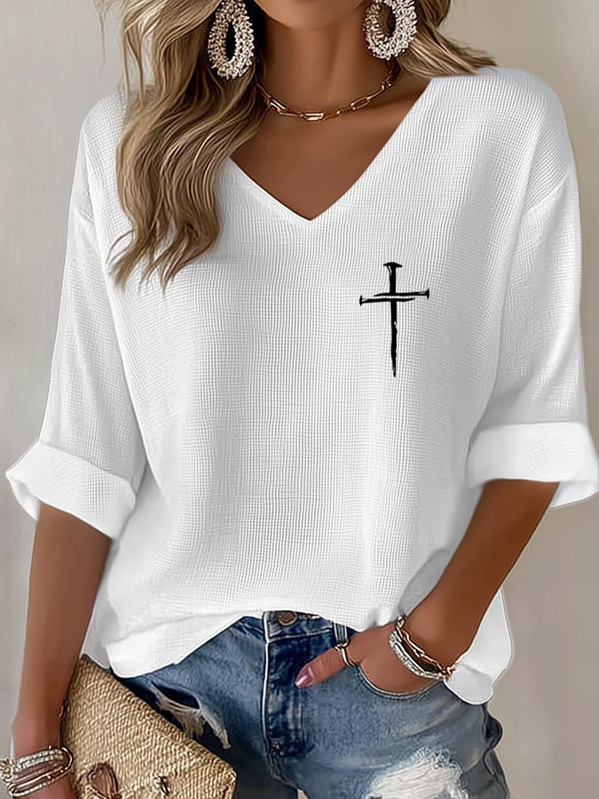 Women's Retro Faith Cross Design Printed Waffle Long Sleeve T-Shirt - front view