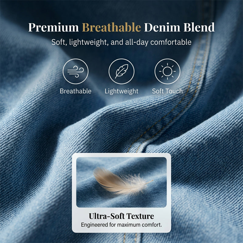 Women's denim dress lifestyle and fit image 5