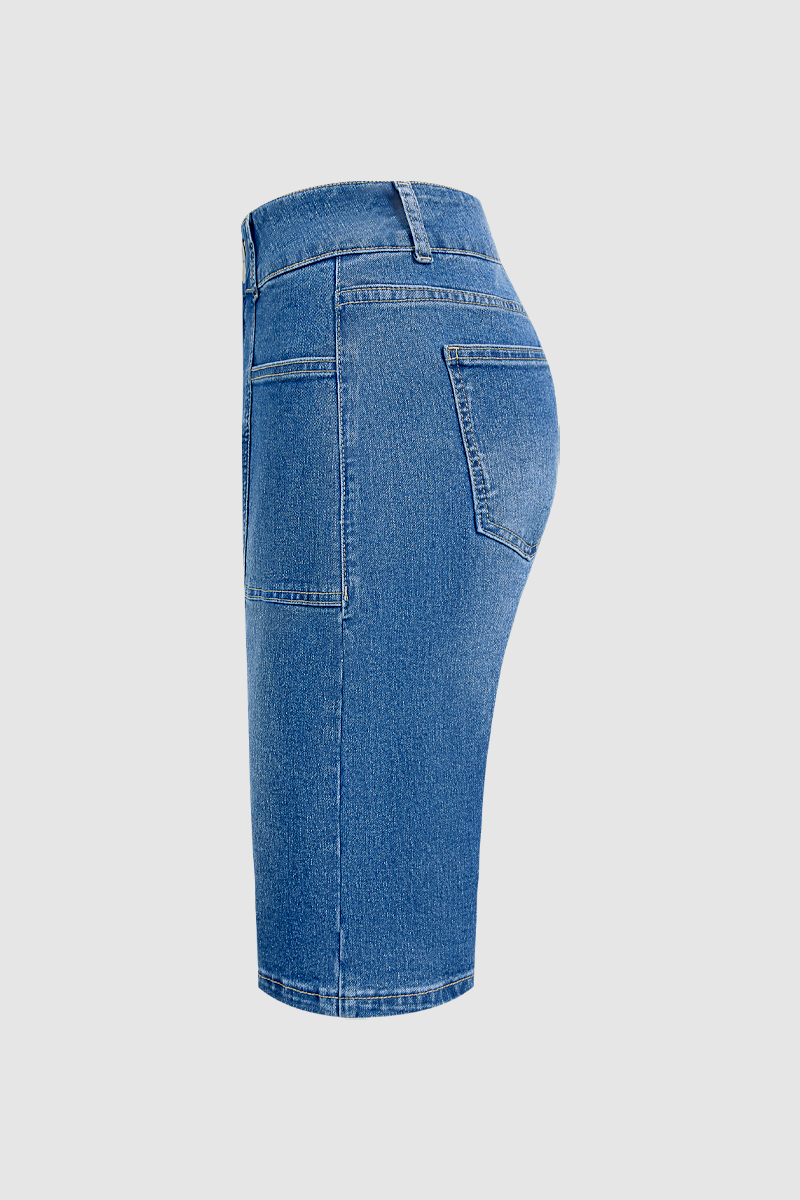 Wash Stitch Detail High Waist Denim Bermuda Shorts