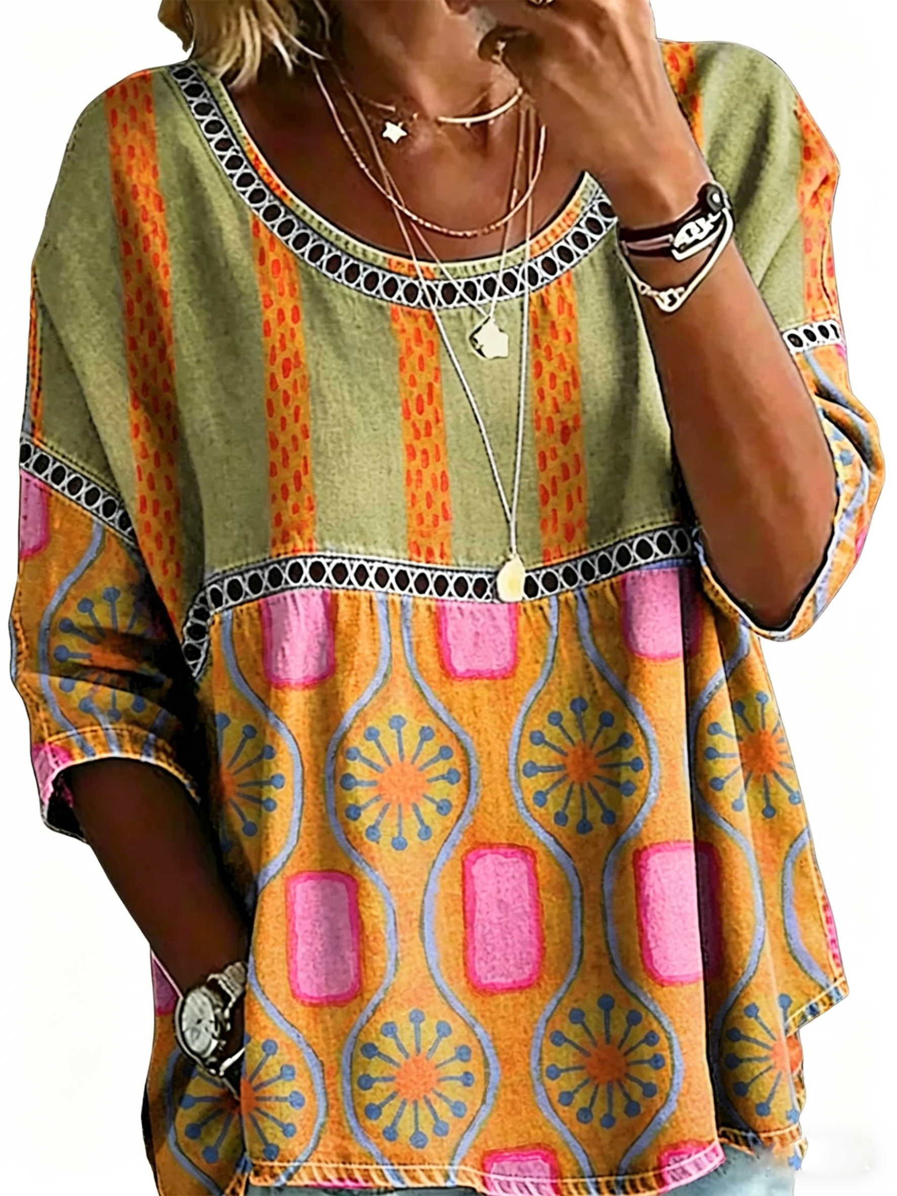 Women's Vintage Abstract Casual Loose Blouse Shirt - front view