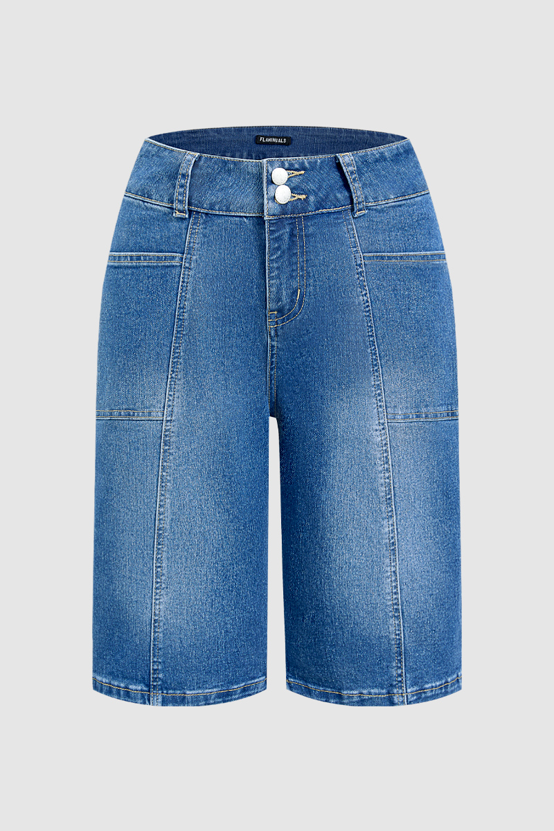 Wash Stitch Detail High Waist Denim Bermuda Shorts