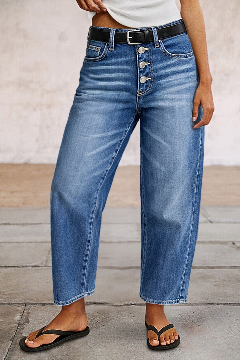 Wash Button Fly Mid Waist Barrel Leg Crop Jeans Without Belt - front view