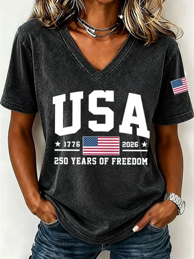 Women'S America Flag Floral Print Casual V-Neck T-Shirt - product image 3