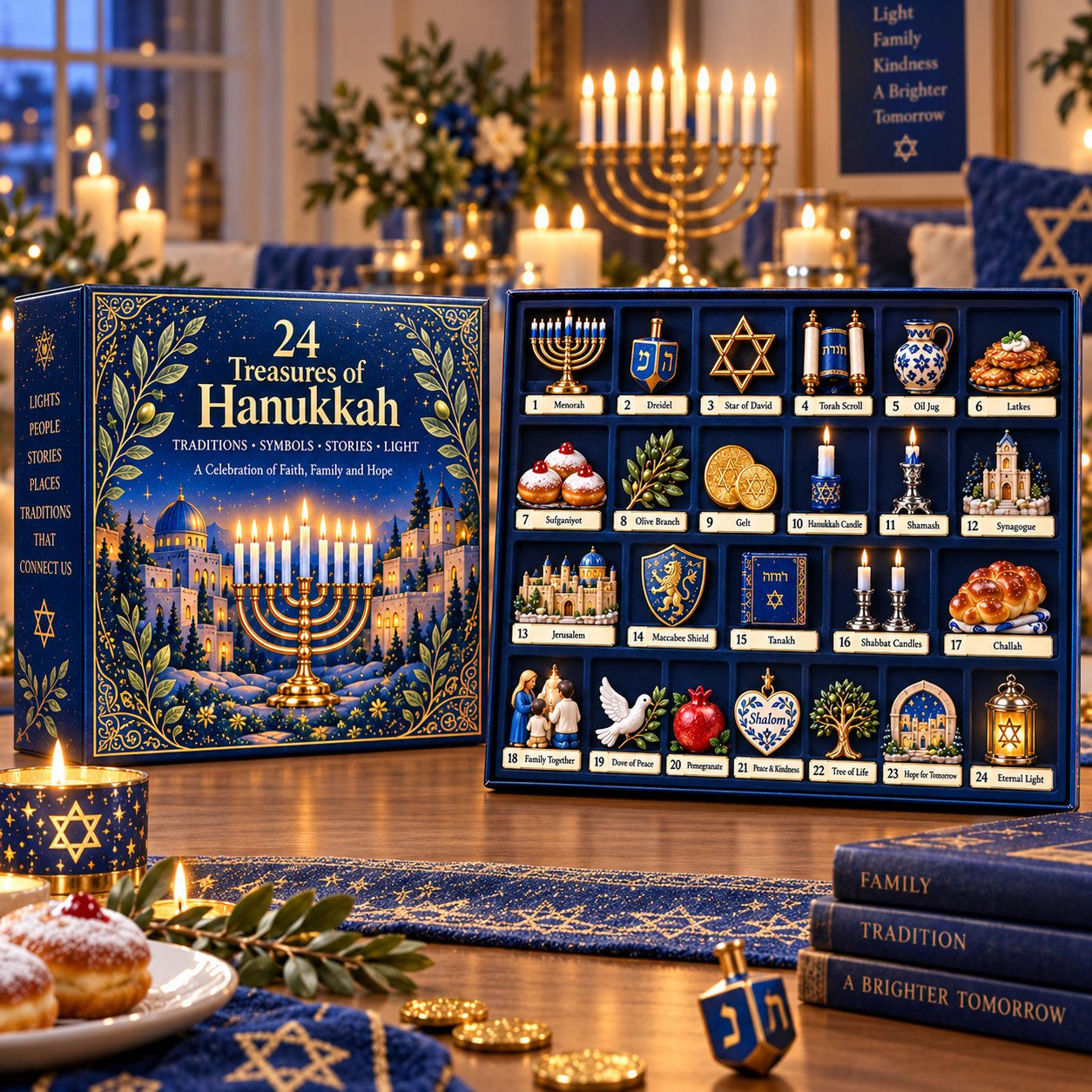 Illustrative holiday scene with a 24 compartment Hanukkah collectible box