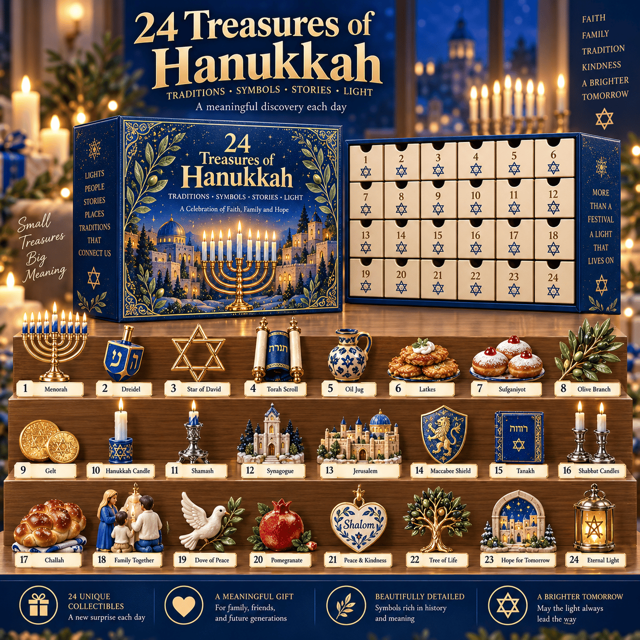 Illustrative artwork of the 24 Treasures of Hanukkah box and themed collection